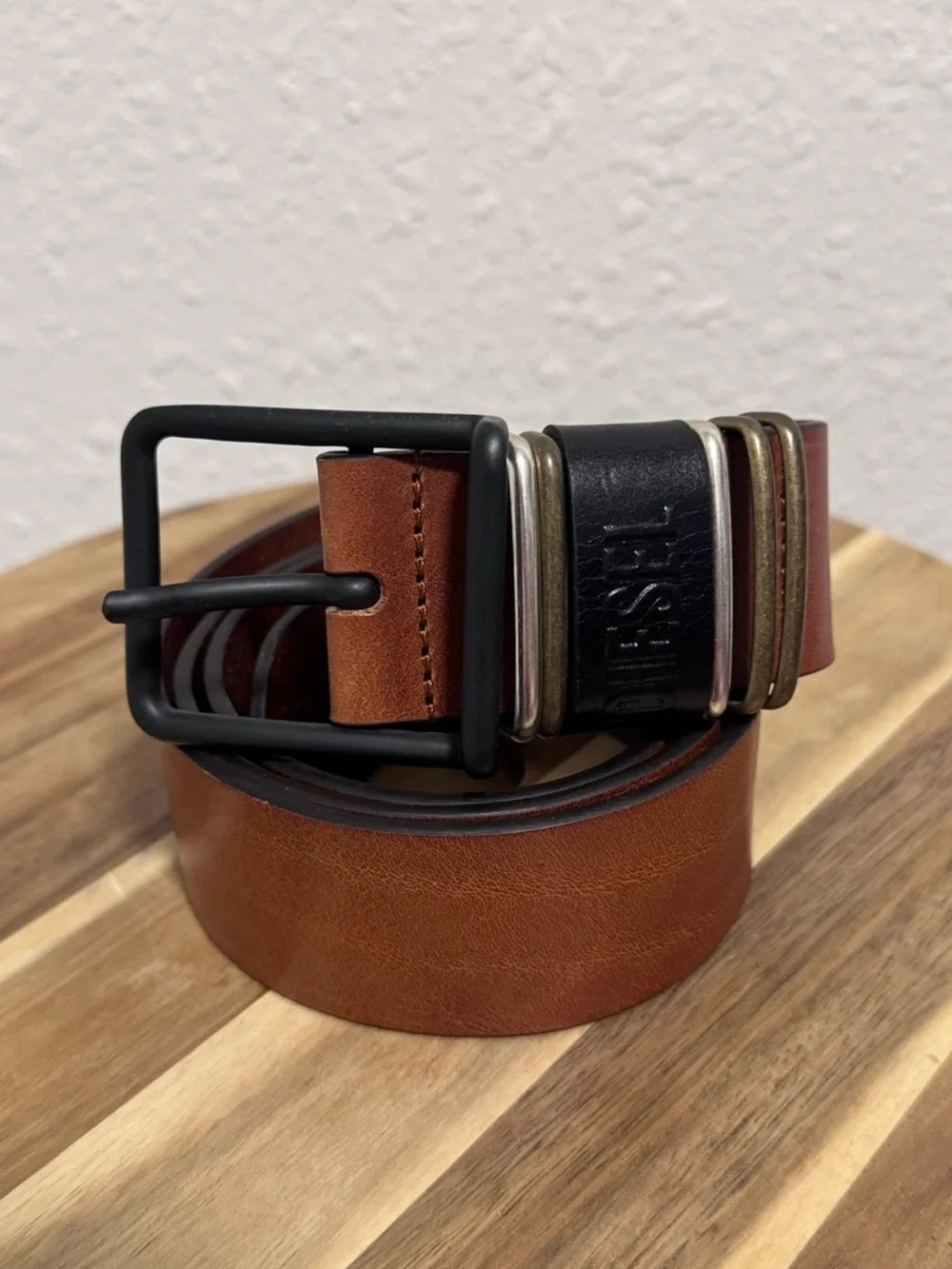 DIESEL Caramel Tan Cowhide Leather Belt TriTone Buckle US38 EU95